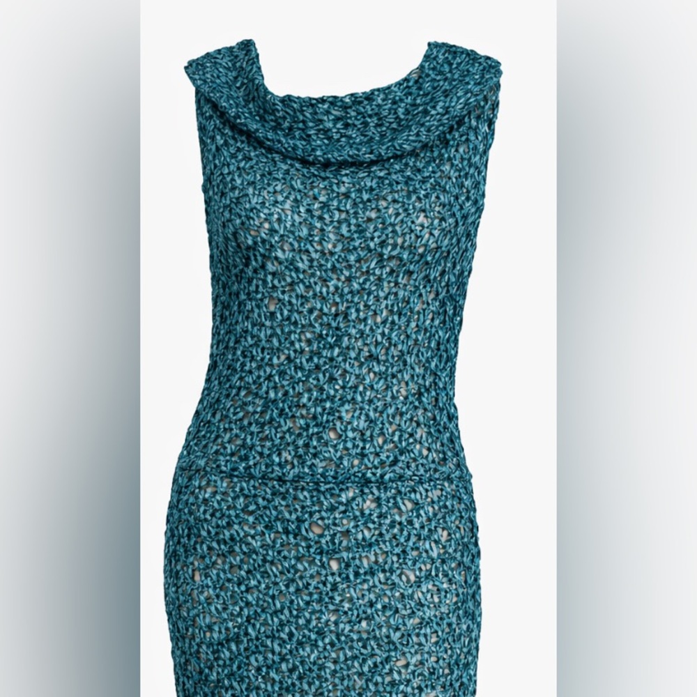Vintage Vivienne Tam Metallic Blue Woven Crochet Dress Cowl Neck S NWOT Rare - Picture 7 of 11